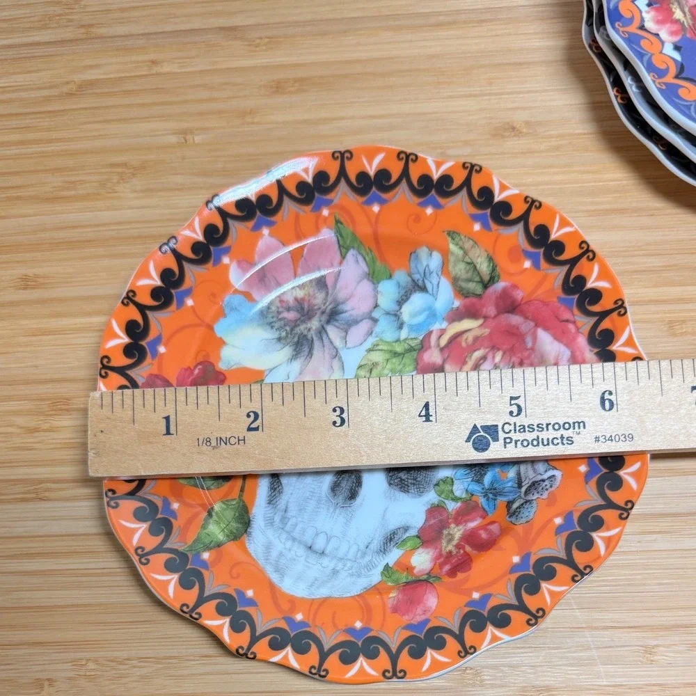 222 Fifth Marbella Skull Plates Set of 4 Multicolor Floral Halloween Gothic